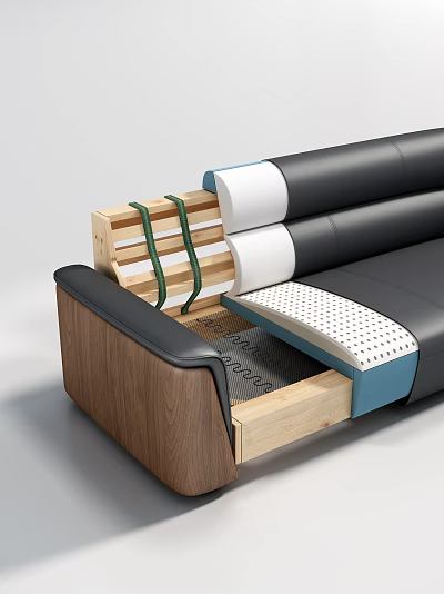 Detailed View Of Sofa Internal Structure With Wooden Frame Springs Foam Padding And Black Upholstery 3d model