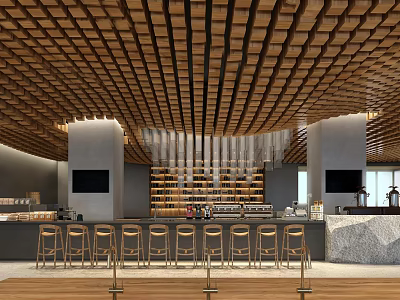 Modern Café Interior With Wooden Grid Ceiling Bar Counter And Golden High Stools 3d model