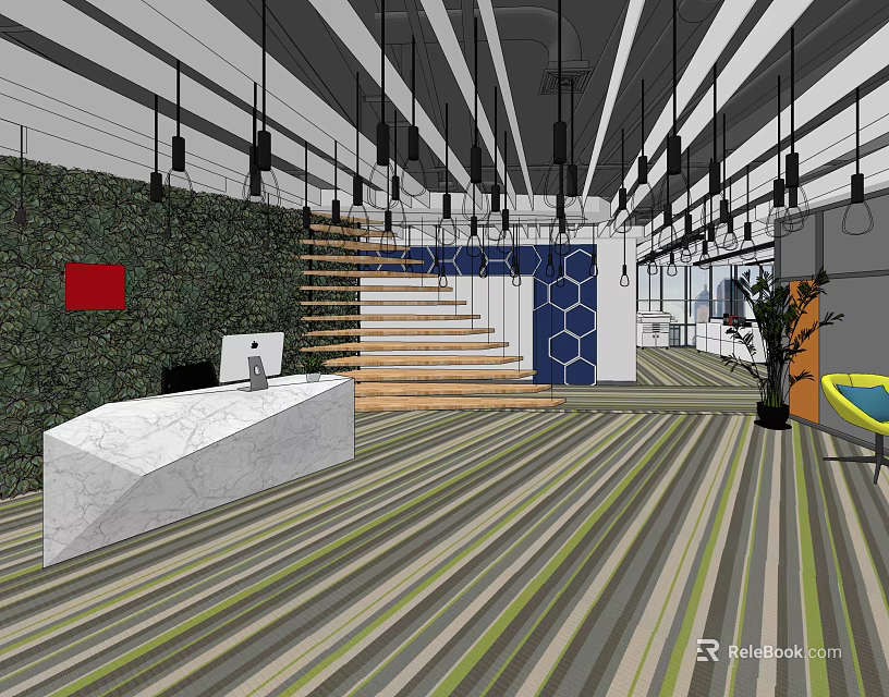 Modern Reception Area Interior Design With Marble Desk Green Plant Wall And Pendant Lights 3d model 