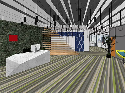 Modern Reception Area Interior Design With Marble Desk Green Plant Wall And Pendant Lights 3d model