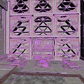Large Geometric Patterned Shelves In Stone Wall Room With Gold Accents Benches And Rug