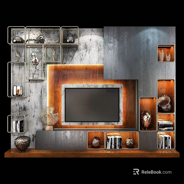 Modern TV Wall Design With Built-in TV Decorative Shelves And Storage Cabinets 3d model 