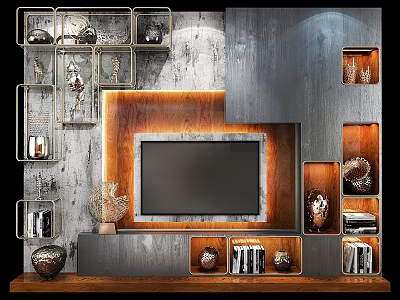 Modern TV Wall Design With Built-in TV Decorative Shelves And Storage Cabinets 3d model