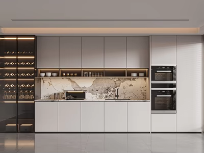 Modern Wine Cabinet In Open Kitchen Interior With Marble Countertop And Cabinets 3d model