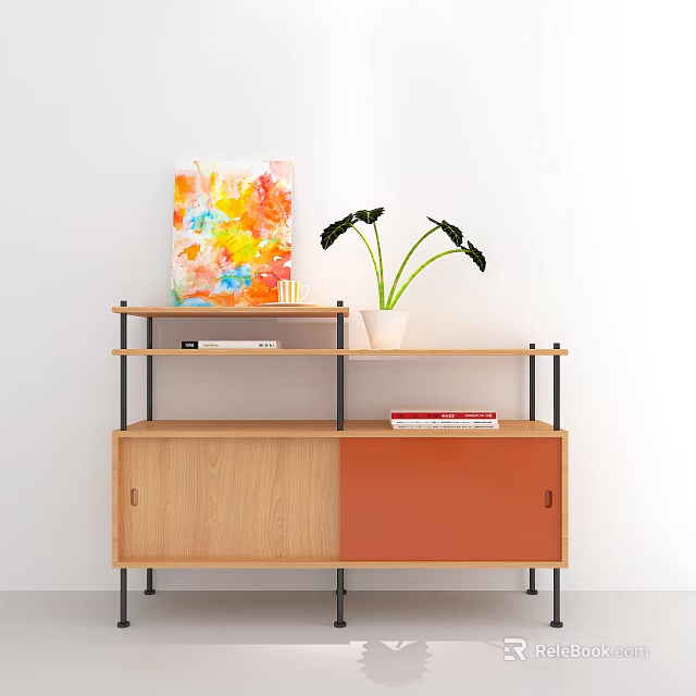 Modern Wooden Console Table With Open Shelves Artwork Plant And Storage Cabinets 3d model 