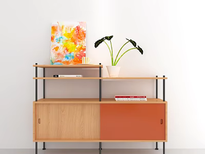 Modern Wooden Console Table With Open Shelves Artwork Plant And Storage Cabinets 3d model