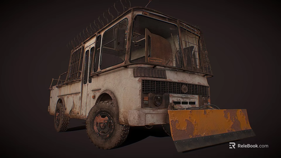 Old Rusty Truck With Snow Plow Worn Out Appearance And Barbed Wire 3d model 