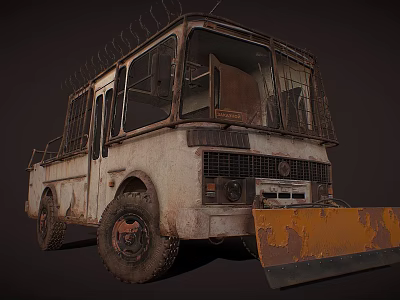 Old Rusty Truck With Snow Plow Worn Out Appearance And Barbed Wire 3d model