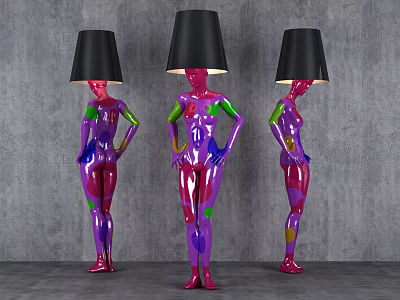 Unique Abstract Floor Lamps With Human Like Figure Vibrant Colors And Black Shades 3d model