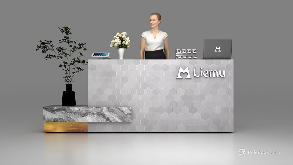 Modern Hexagonal Reception Desk With Lemu Logo White Flower Vase Tablet Laptop And Side Plant 3d model 