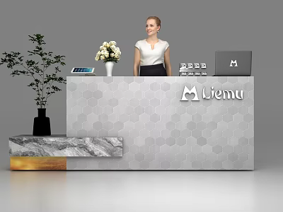 Modern Hexagonal Reception Desk With Lemu Logo White Flower Vase Tablet Laptop And Side Plant 3d model