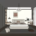 Modern Bedroom Interior With Built In Wardrobes Chandelier Artwork Above Bed And Natural Light