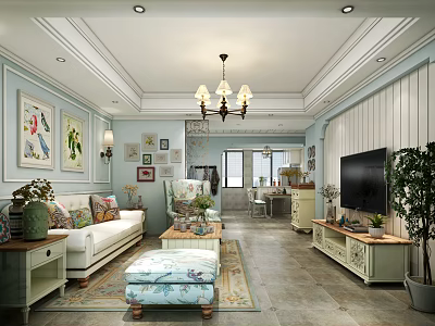 Cozy Living Room Interior With Light Blue Walls White Sofa Chandelier TV Green Plant And Rug 3d model