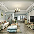 Cozy Living Room Interior With Light Blue Walls White Sofa Chandelier TV Green Plant And Rug