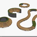 Modern Wooden Landscape Seats With Circular Curved Snake Shapes And Green Turf
