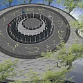 Circular Plaza Landscape Featuring Concentric Circles Ground Patterns Surrounding Trees And People 3d model