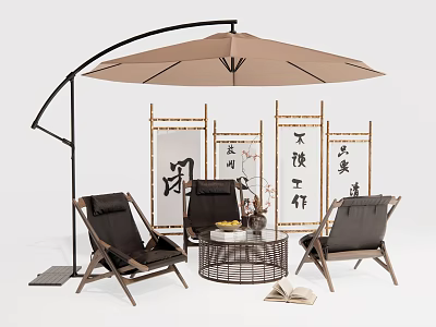 Black Outdoor Chairs With Wooden Frame And Rattan Table Under Brown Umbrella 3d model
