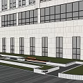 Modern Office Building Exterior Landscape With Large Glass Windows Green Plants Lawn And Lighting Accents