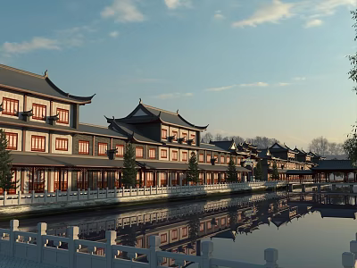 Traditional Chinese Commercial Street With Ancient Architecture Waterfront Reflections White Walls Black Tiles And Trees 3d model