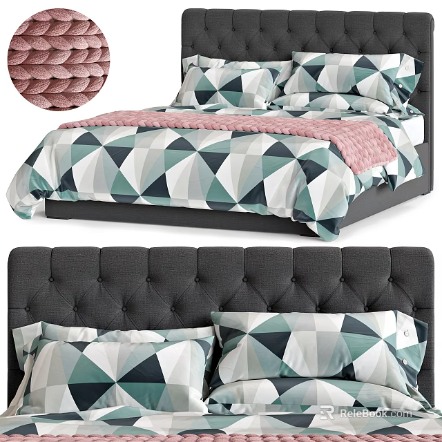 Double Bed With Geometric Pattern Bedding And Pillows Pink Blanket Dark Gray Tufted Headboard 3d model
