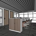 Modern Office Interior With Work Desks Chairs Large Windows Glass Partitions And Wooden Doors