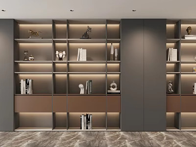 Modern Bookshelf Interior Design With Layered Shelves Lighting Books And Decorative Items 3d model