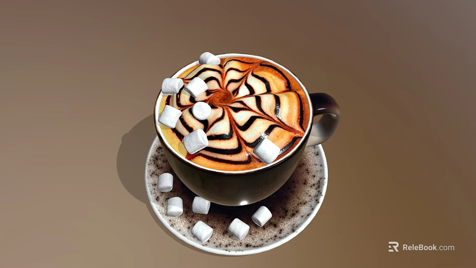 Creamy Coffee Beverage With Swirl Latte Art And Marshmallows On Cup Saucer 3d model 