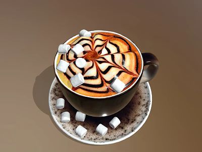 Creamy Coffee Beverage With Swirl Latte Art And Marshmallows On Cup Saucer 3d model