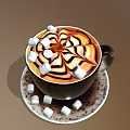 Creamy Coffee Beverage With Swirl Latte Art And Marshmallows On Cup Saucer