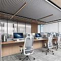 Modern Office Interior Design With Open Desks Computers Green Plants Wooden Blinds And Pendant Lights