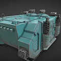 Teal Military Tank Model With Top Mounted Guns Front Plow Side Canisters Armor And Emblem