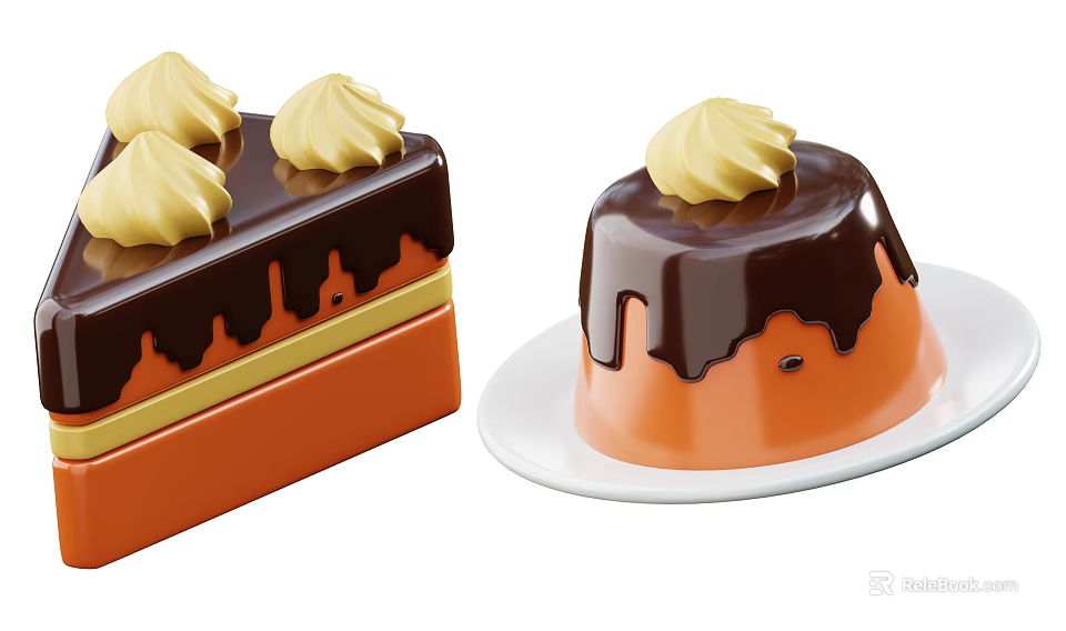 Chocolate Desserts With Yellow Cream Swirls And Dripping Glaze On Orange Box And White Plate 3d model 