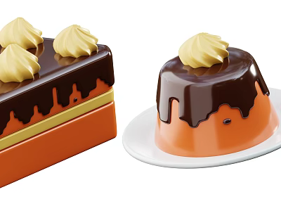 Chocolate Desserts With Yellow Cream Swirls And Dripping Glaze On Orange Box And White Plate 3d model