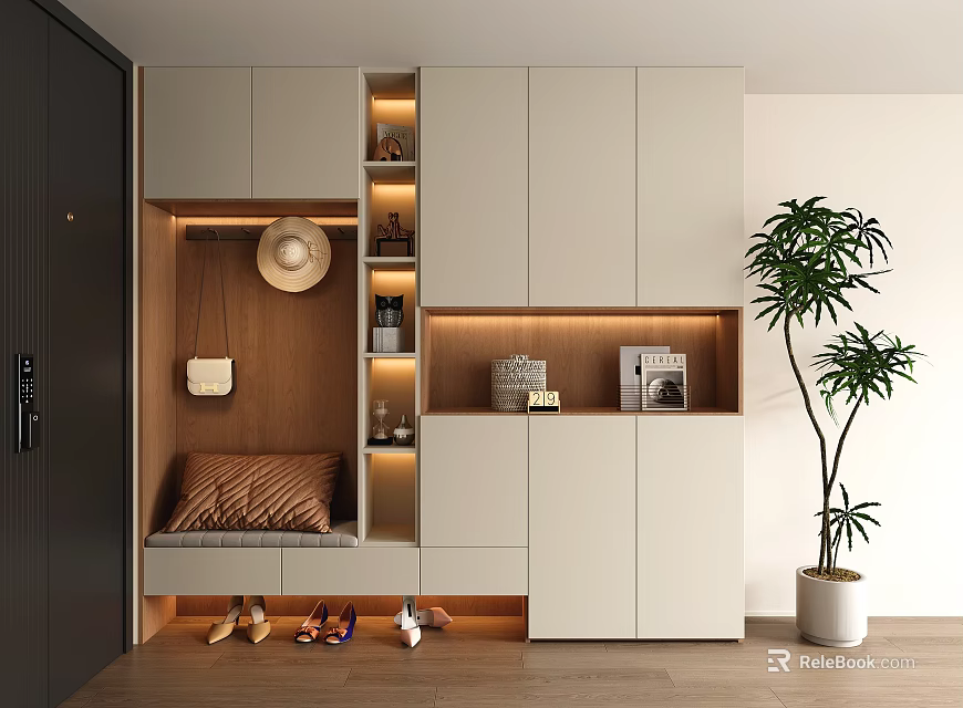 Modern Luxury Shoe Cabinet With Shoe Bench Hanging Area Display Shelves LED Lighting Sleek Design 3d model 