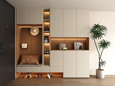 Modern Luxury Shoe Cabinet With Shoe Bench Hanging Area Display Shelves LED Lighting Sleek Design 3d model