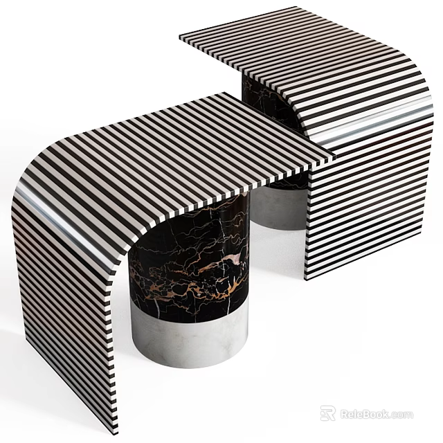 Modern Functional Table With Black White Striped Surface And Marble Arched Base 3d model 