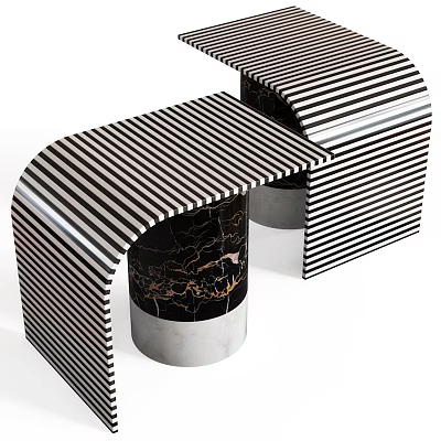 Modern Functional Table With Black White Striped Surface And Marble Arched Base 3d model