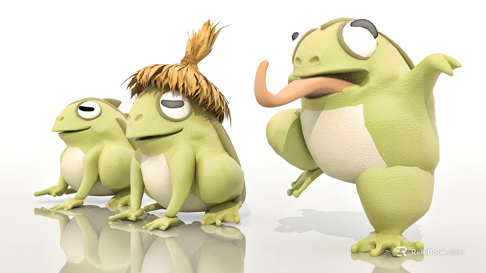 Three Cute Green Frog Dolls With Straw Hat Hair And Tongue Out In Different Poses 3d model 