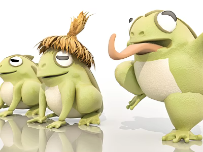 Three Cute Green Frog Dolls With Straw Hat Hair And Tongue Out In Different Poses 3d model