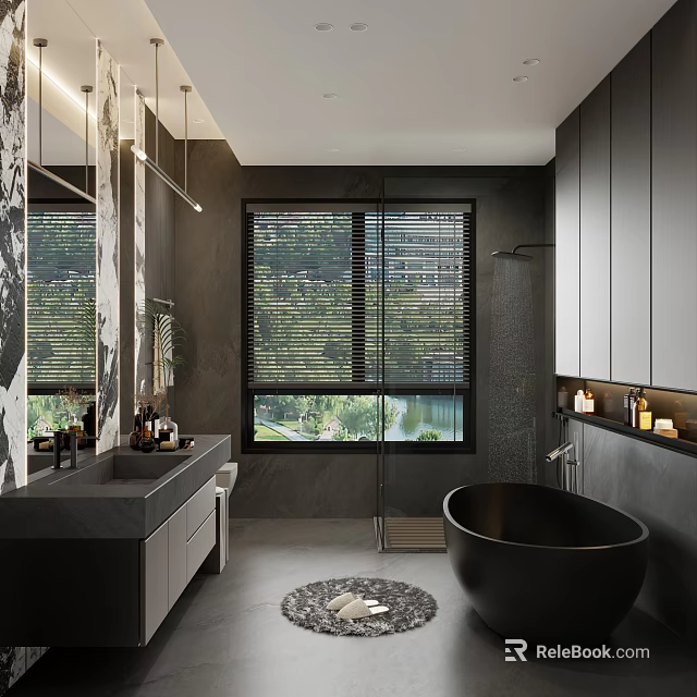 Modern Bathroom Interior With Dark Design Black Bathtub Blinds Greenery Vanity And Lighting 3d model 