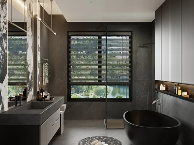 Modern Bathroom Interior With Dark Design Black Bathtub Blinds Greenery Vanity And Lighting 3d model