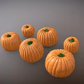 Six Orange Pumpkins With Green Tops Arranged On Dark Background
