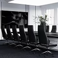 Modern Conference Room With Large Rectangular Table Black Ergonomic Chairs And Floor To Ceiling Windows