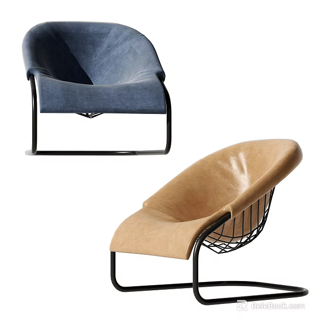 Blue and Beige Accent Chairs with Upholstered Seats Black Metal Frame Modern Stylish Design 3d model 