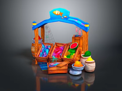 Colorful Wooden Market Stall with Blue Fish Decoration Fruit Candy Crates Watermelon and Baskets 3d model