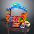 Colorful Wooden Market Stall with Blue Fish Decoration Fruit Candy Crates Watermelon and Baskets