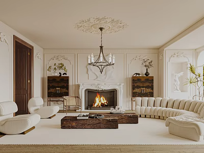 Elegant Classic Living Room Interior Design With Fireplace Chandelier And Comfortable Sofa 3d model