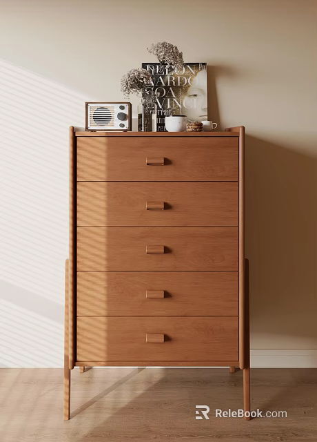 Minimalist Wooden Chest of Drawers Interior With Radio Books And Mug On Top 3d model 