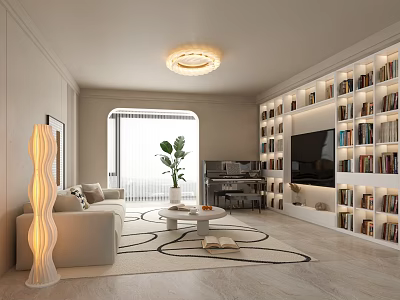 Bright Warm Modern Living Room With Full Wall Built In Bookshelves And Comfortable Furnishings 3d model