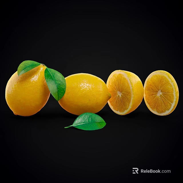 Fresh Lemons With Whole And Sliced Pieces On Black Background With Green Leaves 3d model 